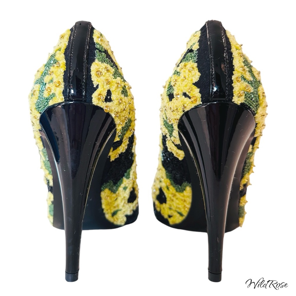 VALENTINO GARAVANI Floral Yellow Green Black Beaded & Embroidered Heels SZ 37 - Picture 11 of 17